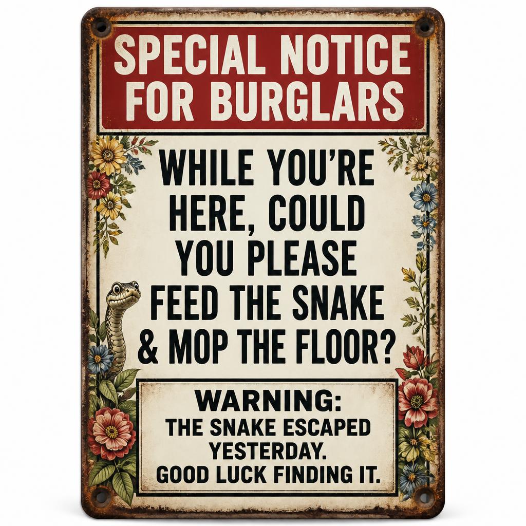 ✈️ Vacation Ready? Funny Snake Metal Sign — Psychological Burglar Deterrent for Porch & Yard 🔒
