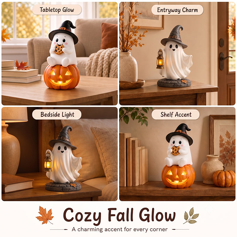 👻 Cozy Fall Vibes: Ultra-Cute Ghost Figurine with Pumpkin & Lantern 🍁