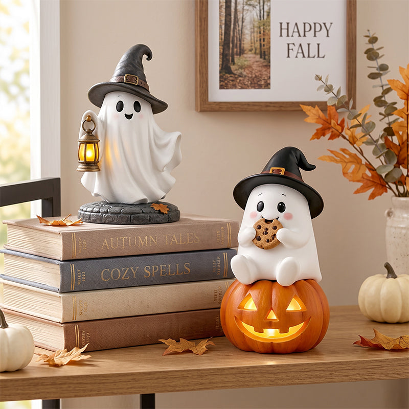 👻 Cozy Fall Vibes: Ultra-Cute Ghost Figurine with Pumpkin & Lantern 🍁
